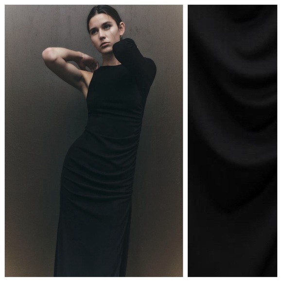 NWT. Zara Black Asymmetric Draped Midi Dress. Size M. - Picture 5 of 10